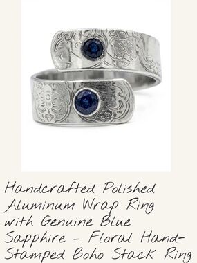 Handcrafted Polished Aluminum Wrap Ring with Blue Sapphire